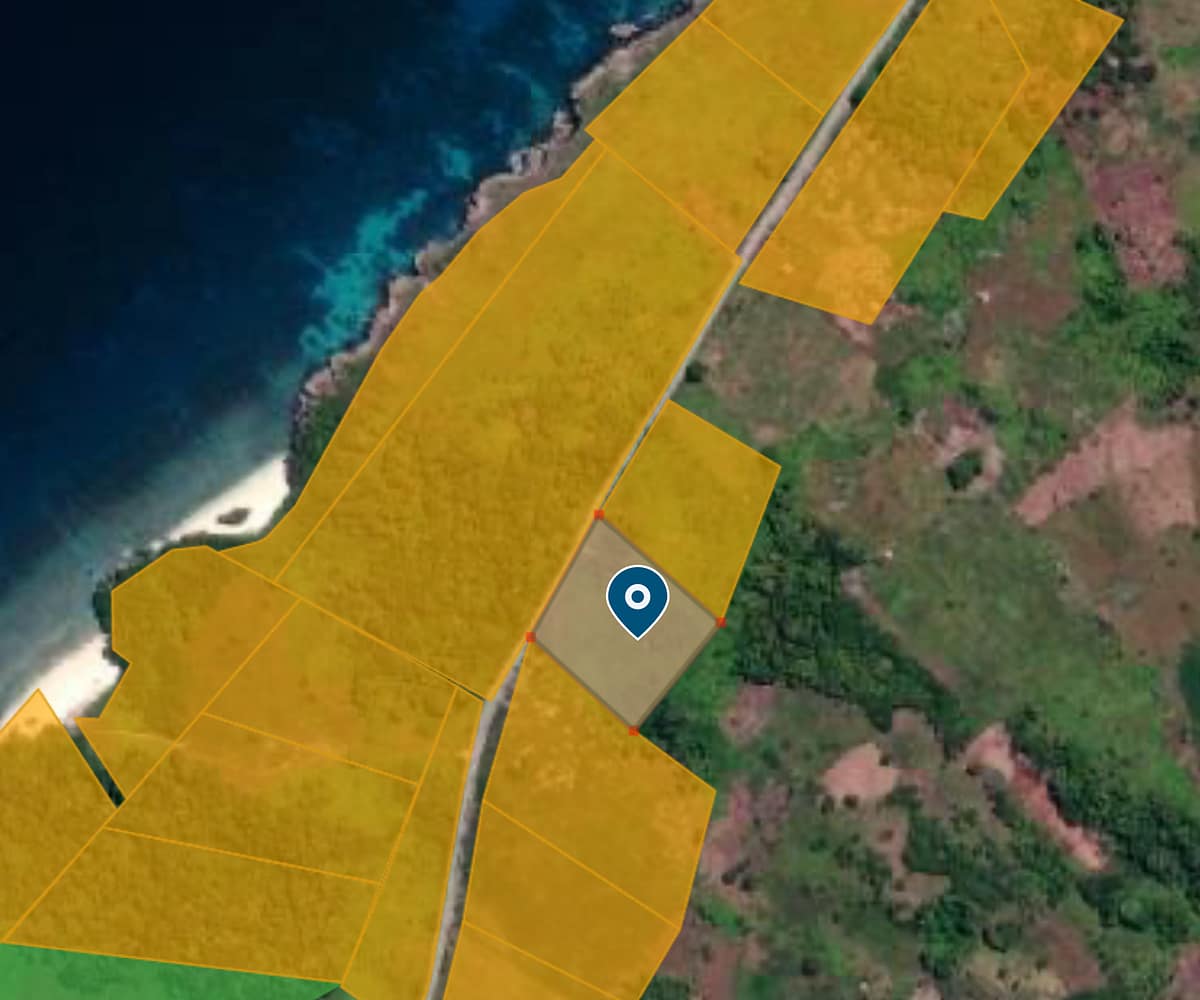 A high-resolution aerial view of two separate, rectangular land parcels situated next to each other within a dense green forest. A paved asphalt road borders the plots, leading toward the turquoise waters of Halete Beach.