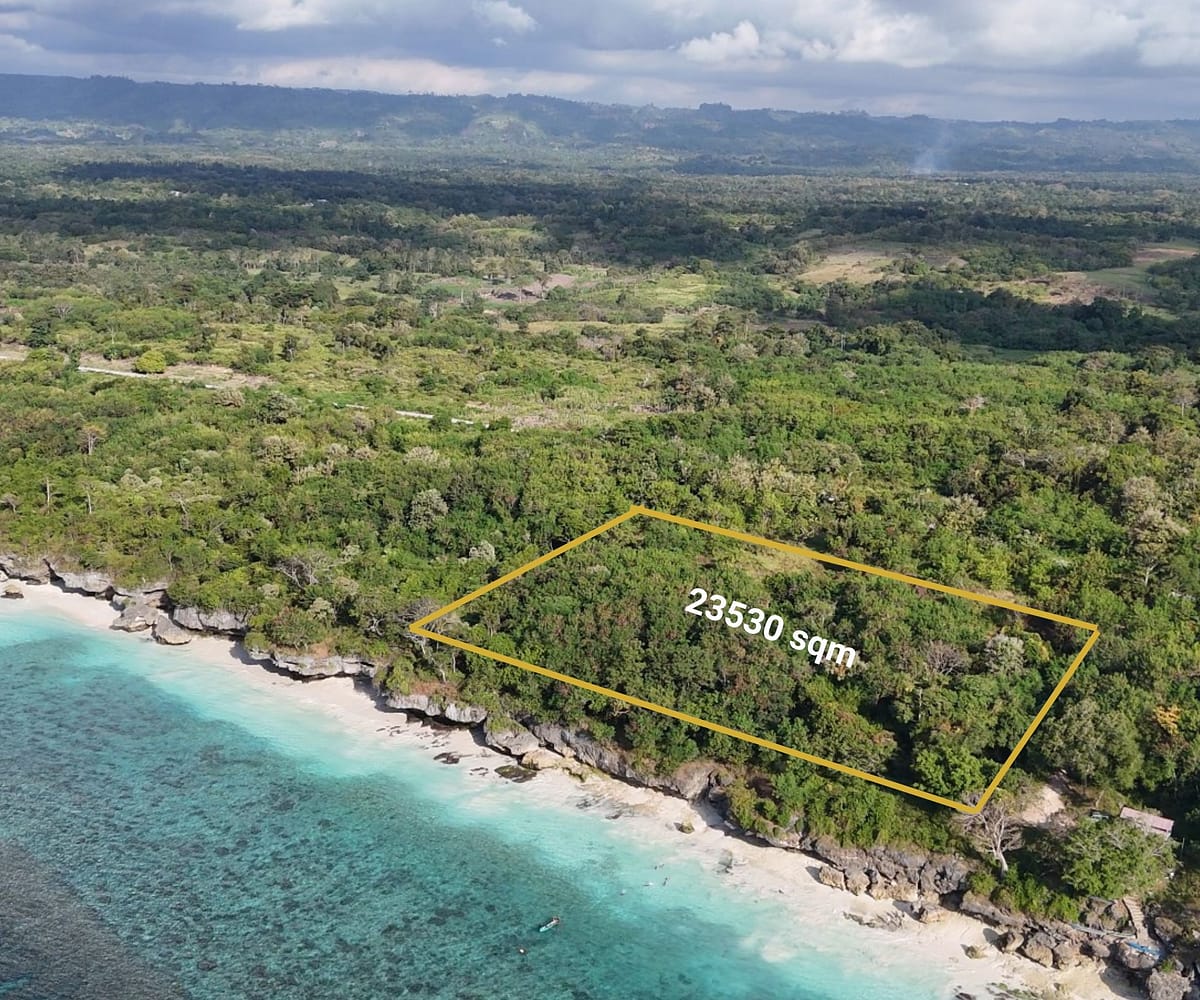 A spectacular high-angle aerial view showcasing the property's dramatic, elevated rocky crest dropping directly down onto a pristine, untouched white sand beach meeting clear turquoise coral waters.
