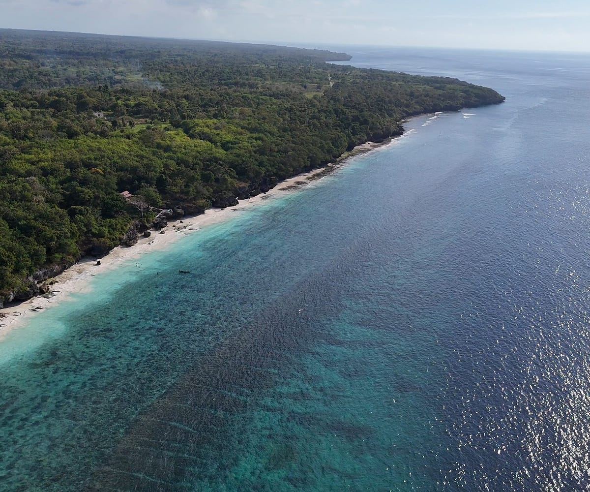 A spectacular high-angle aerial view showcasing the property's dramatic, elevated rocky crest dropping directly down onto a pristine, untouched white sand beach meeting clear turquoise coral waters.