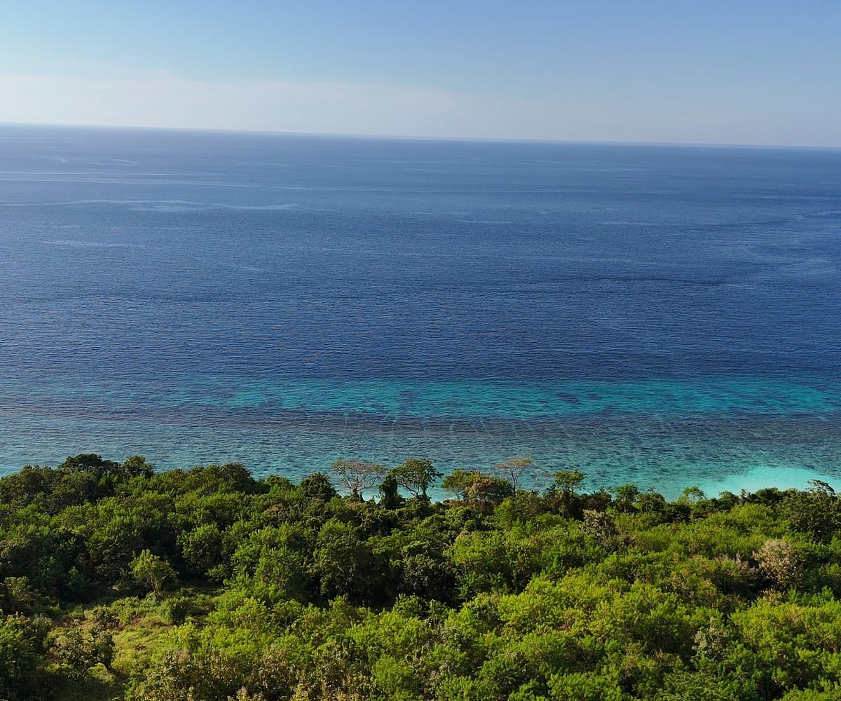 A spectacular high-angle aerial view showcasing the property's dramatic, elevated rocky crest dropping directly down onto a pristine, untouched white sand beach meeting clear turquoise coral waters.