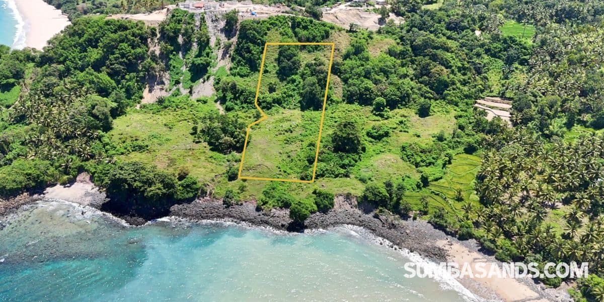 : A stunning drone shot of the 1.1-hectare Pahola Beachfront Cliff Estate, showing the lush green cliff edge meeting the turquoise waters of the Indian Ocean next to Rua Beach.