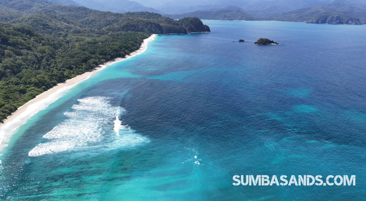 A breathtaking aerial drone photograph overlooking the pristine coastline of West Sumba. The image captures incredibly calm, vibrant turquoise ocean waters gently meeting bright white sandy beaches, bordered by dense, lush tropical green vegetation.