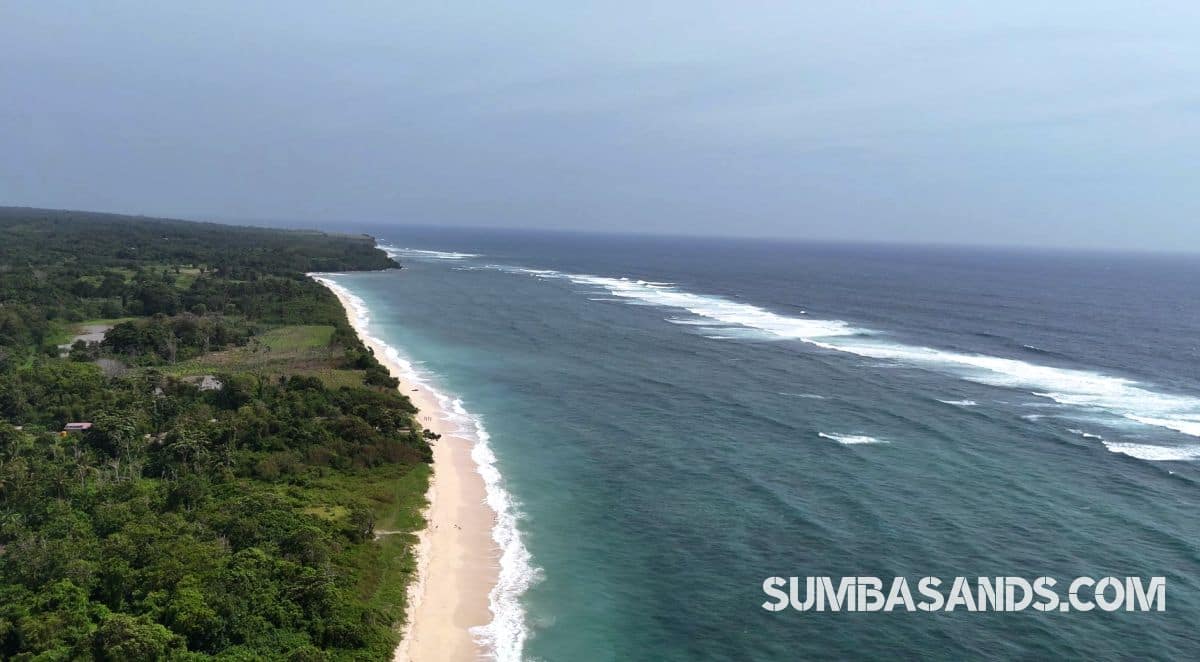 A panoramic aerial view of the Wainyapu Beachfront Surf Estate. The image captures flat, pristine land meeting the turquoise waters of the Indian Ocean, with a wide white-sand beach and the traditional high-roofed houses of Wainyapu village in the background.