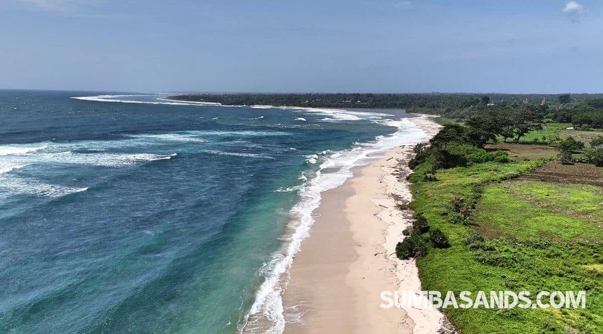 A massive aerial panoramic of the 6.6-hectare Wainyapu Virgin Beachfront Estate. The image captures miles of untouched white sand meeting crystal-clear turquoise waters and vibrant green coastal plains.