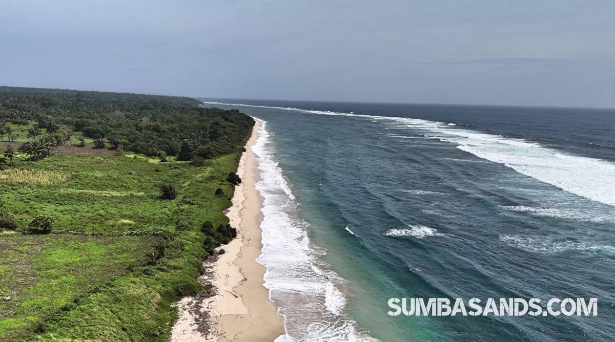 A massive aerial panoramic of the 6.6-hectare Wainyapu Virgin Beachfront Estate. The image captures miles of untouched white sand meeting crystal-clear turquoise waters and vibrant green coastal plains.