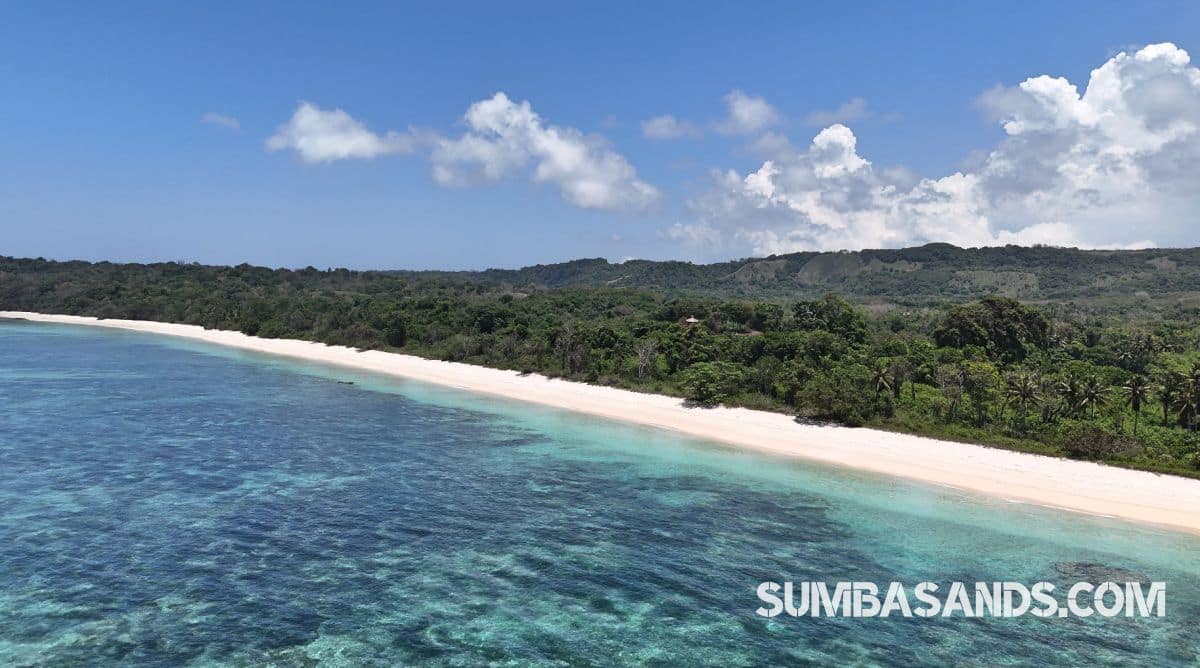 An expansive high-angle view showcasing the striking color contrast of the calm bay. The crystal-clear, shallow turquoise waters reveal beautifully textured coral reefs below the surface, stretching out toward the deep blue horizon under a clear sky.