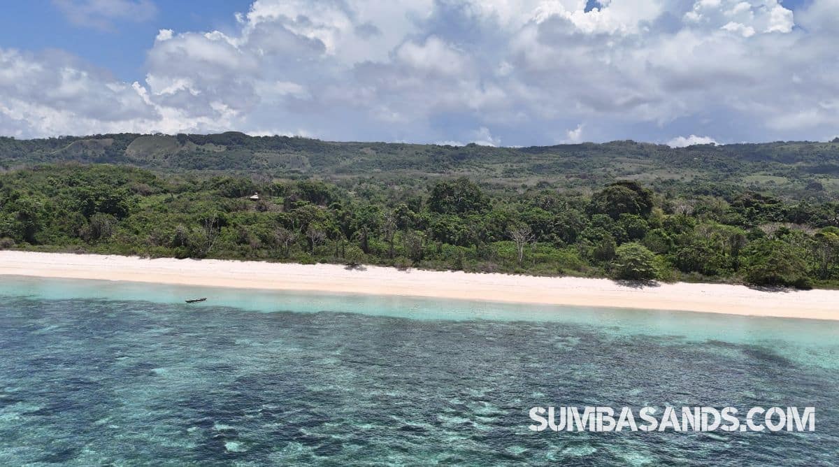 An expansive high-angle view showcasing the striking color contrast of the calm bay. The crystal-clear, shallow turquoise waters reveal beautifully textured coral reefs below the surface, stretching out toward the deep blue horizon under a clear sky.