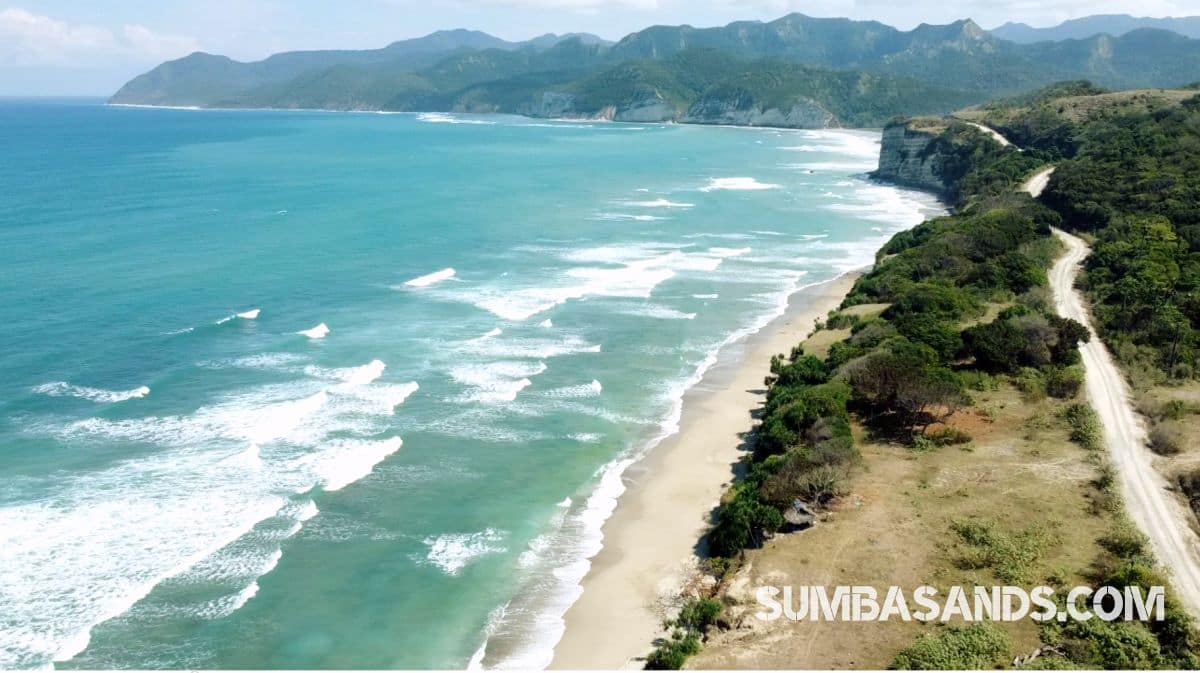 Aerial view of three distinct beachfront parcels at Woranu Beach, Southeast Sumba, showing the consistent surf break and direct beach access