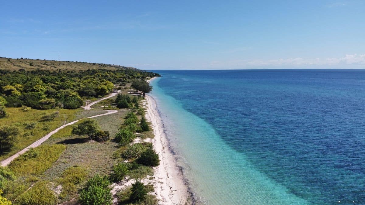 A wide aerial shot of the 2-hectare Hamba Praing Beachfront Estate. The image captures the flat, pristine land meeting the turquoise waters of the Savu Sea, with the golden savanna hills of Hamba Praing in the background