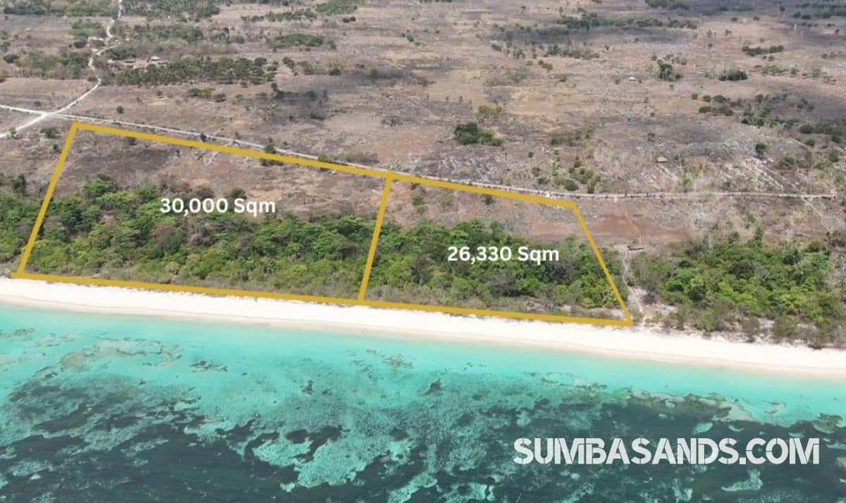 A breathtaking aerial drone photograph overlooking the pristine coastline of Kodi in West Sumba. The image captures vibrant turquoise ocean waters and shallow coral reefs gently meeting a bright white sandy beach, bordered by lush tropical green vegetation.