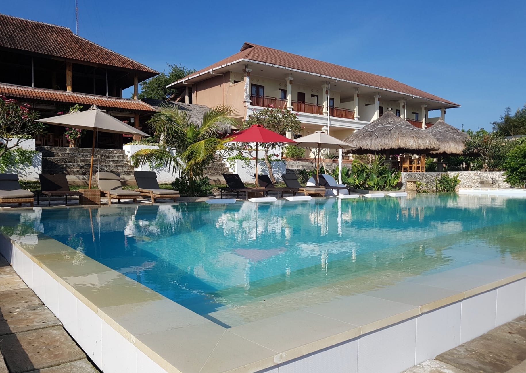 Infinity pool at Mario Hotel and Cafe overlooking the turquoise ocean in Southwest Sumba.