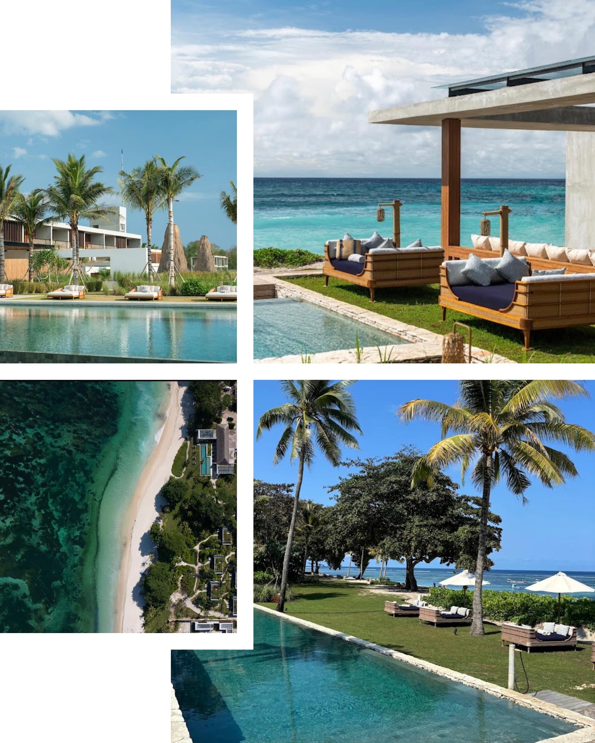 A wide white sand beach with crystal-clear turquoise lagoon. In the foreground, modernist concrete and wood pavilion with two custom-designed daybeds and a shallow pool. In the background, traditional Sumba spires.