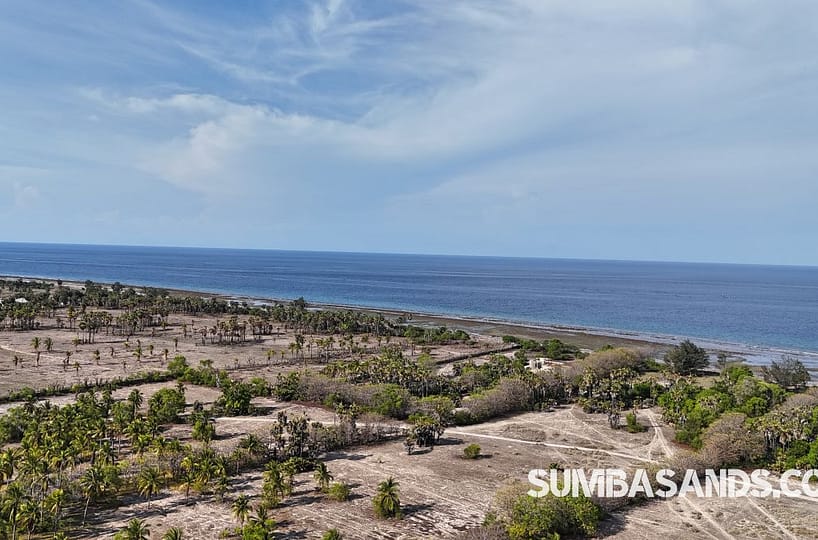 : Aerial view of a unique L-shaped beachfront plot on the white sands of Laipori Beach, East Sumba.