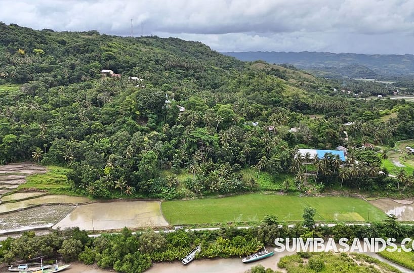 A high-resolution aerial view of 2 easy to build plots in Wanokaka. The image captures two separate, flat land parcels across the road from the coastline. One plot is 950 sqm and the other is 693 sqm, both featuring green rice field vistas