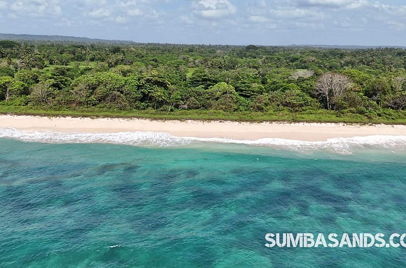 A panoramic aerial view of the Wainyapu Beachfront Surf Estate. The image captures flat, pristine land meeting the turquoise waters of the Indian Ocean, with a wide white-sand beach and the traditional high-roofed houses of Wainyapu village in the background.