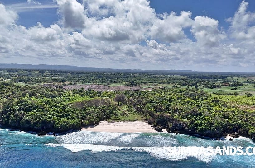 An aerial shot of the Hamili Ate Private Beach Plots. The image captures flat, lush beachfront plots meeting the turquoise Indian Ocean in West Sumba.