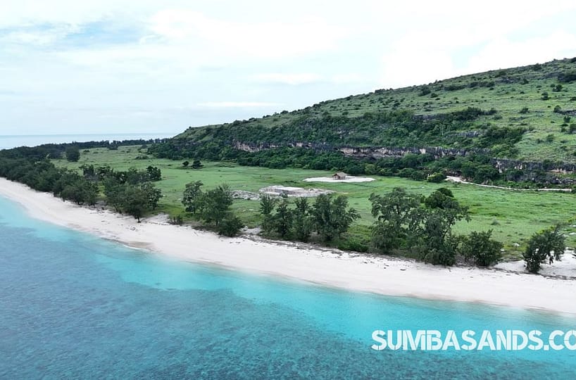 A dramatic panoramic of the Mananga Marapu Hill Estate. The image captures an elevated 2-hectare plot with golden savannah grass and ancient limestone outcrops overlooking the turquoise coastline of East Sumba.