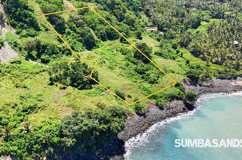 : A stunning drone shot of the 1.1-hectare Pahola Beachfront Cliff Estate, showing the lush green cliff edge meeting the turquoise waters of the Indian Ocean next to Rua Beach.